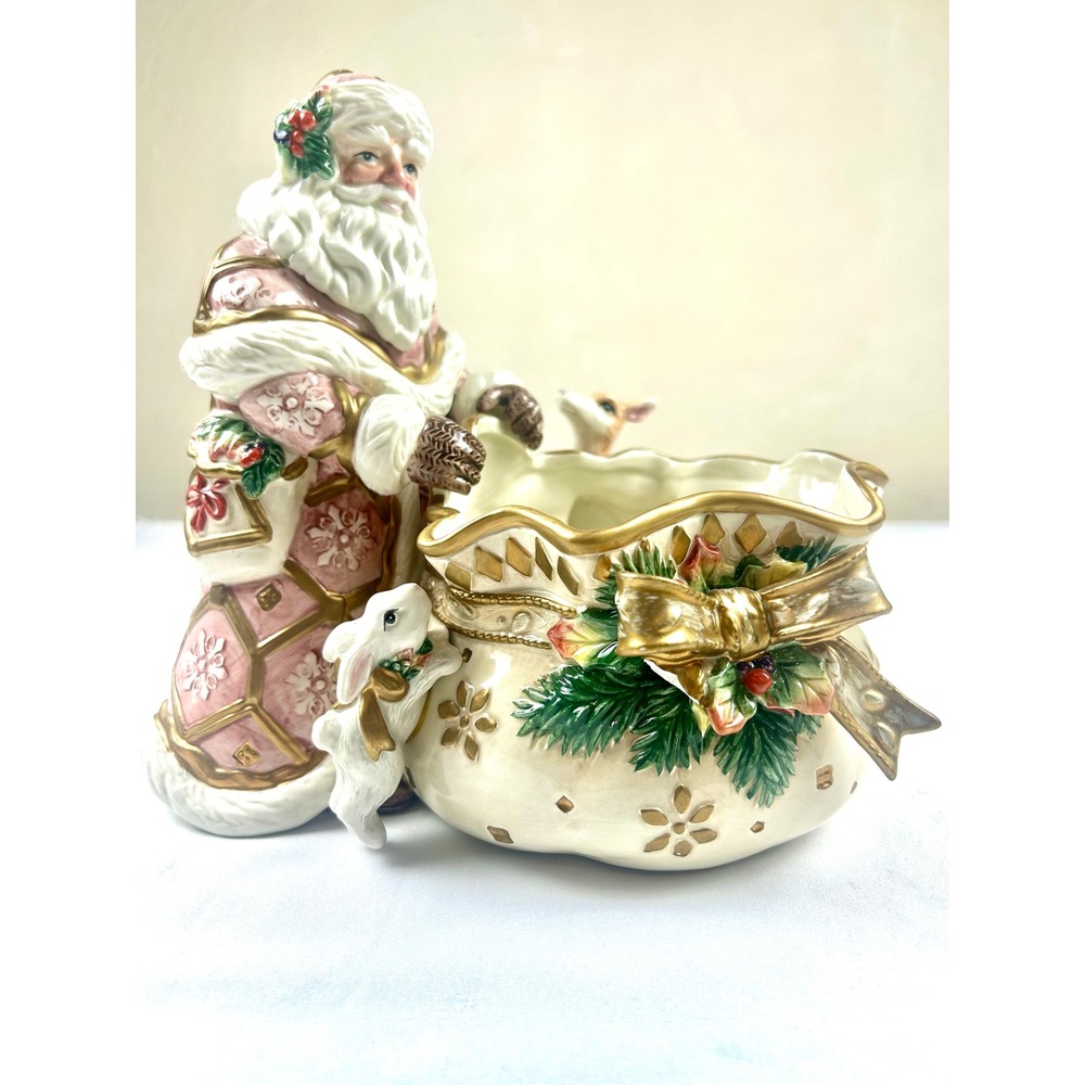 Fitz and Floyd Classics Pink Santa with Toy Bag Deer Rabbit Figurine 10 inch
